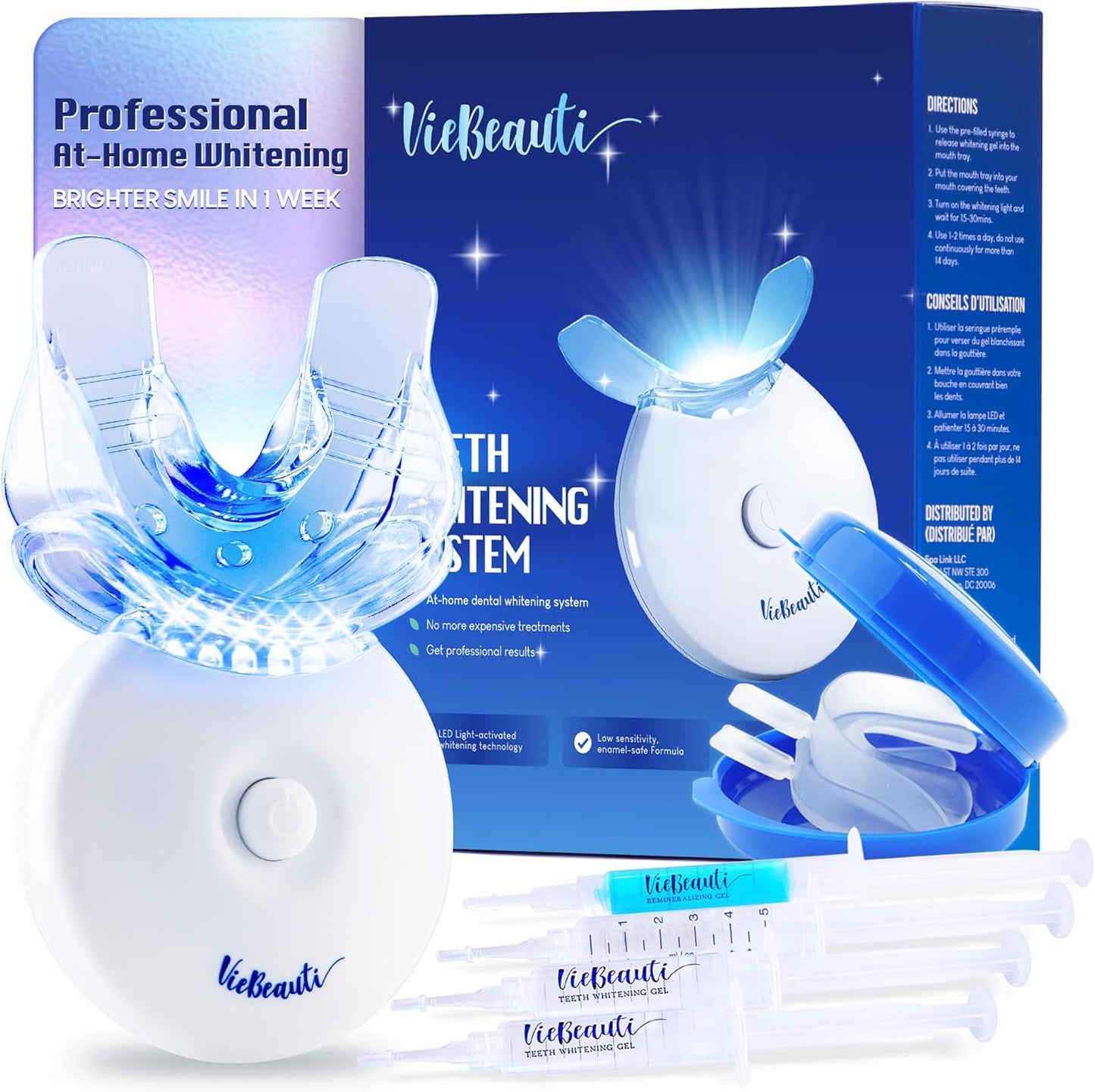 VieBeauti Teeth Whitening Kit with LED Light: Tooth Whitener with 35% Carbamide Peroxide, Remineralizing Gel, Mouth Trays and Tray Case - 10-Minute Timer Enhances Minty Fresh White Smile Flavorless