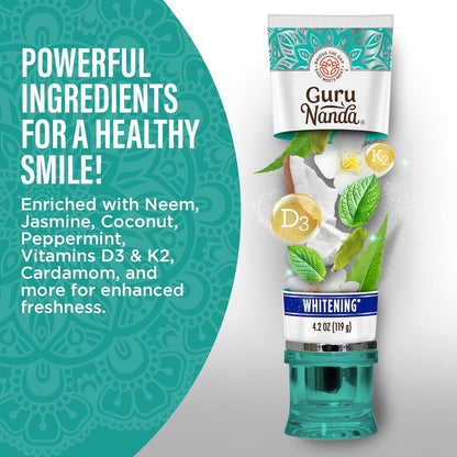 GuruNanda Hydroxyapatite Toothpaste – Fluoride & SLS Free Whitening Formula with Tongue Scraper and Squeezer, Fresh CocoMint Jasmine Neem, 4.2 oz