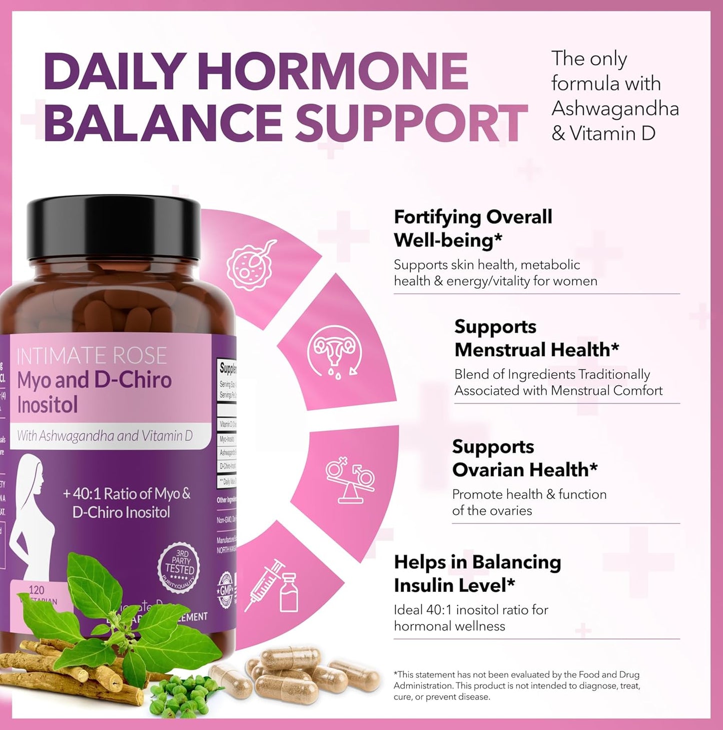Intimate Rose Myo-Inositol & D-Chiro Inositol 40:1 | Women’s Hormone & Ovarian Support | With Vitamin D3 & Ashwagandha