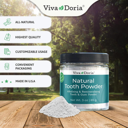Viva Doria Natural Tooth Powder – Remineralizing, Natural Teeth Whitening & Breath Freshener, Refreshing Mint, 3 oz Glass Jar