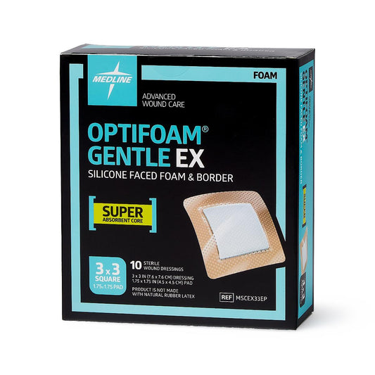 Optifoam Gentle EX Bordered Foam Dressing in Educational Packaging, 3" x 3"