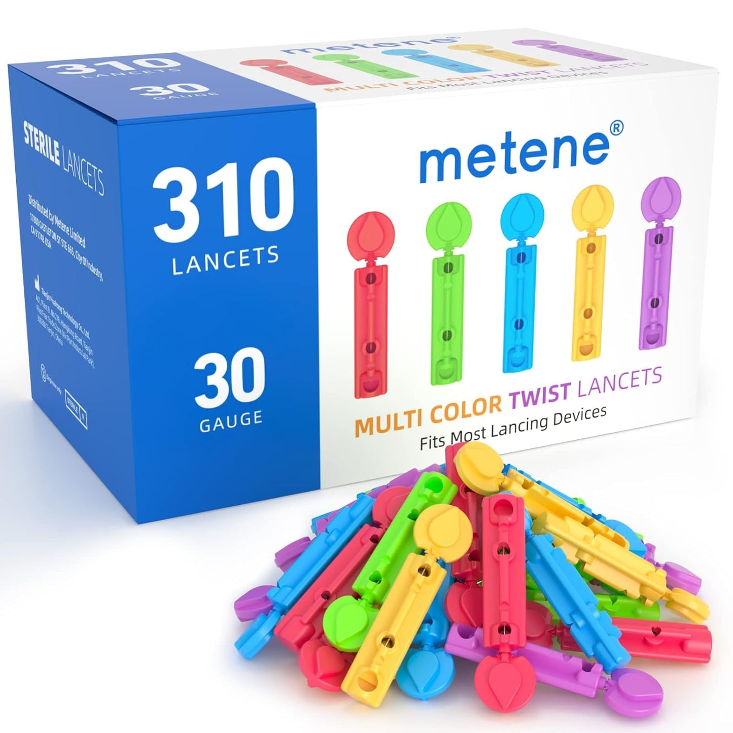 Metene Twist Top Lancets, 310-Count, 30-Gauge Diabetic Test Lancets, Multicolored